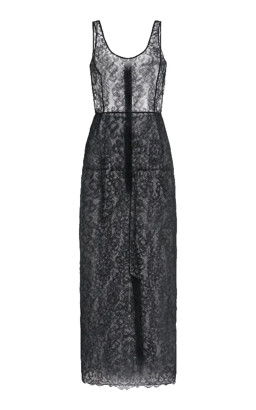 Maxi dresses with structured pleats -Polus Sheer Maxi Dress with Slip in Black Silk Lace