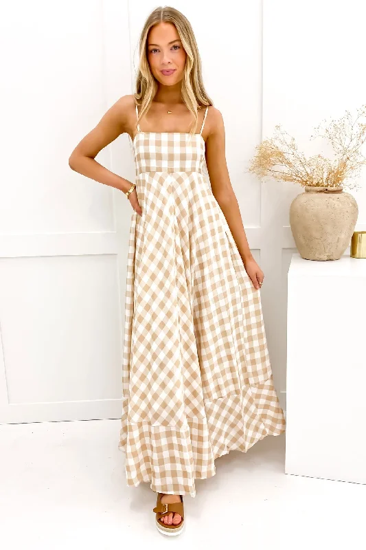 Maxi dresses for summer evening cocktails -Raine Maxi Dress Beige Check