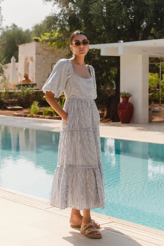 Maxi dresses for luxurious resorts -Sparrow Blue Stripe Puff Short Sleeve Tiered Maxi Dress