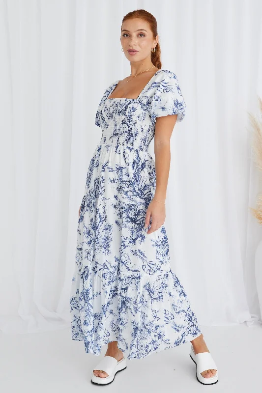 Maxi dresses with flowing silhouette for casual wear -Raven Blue Porcelain Print Puff Sleeve Tiered Maxi Dress