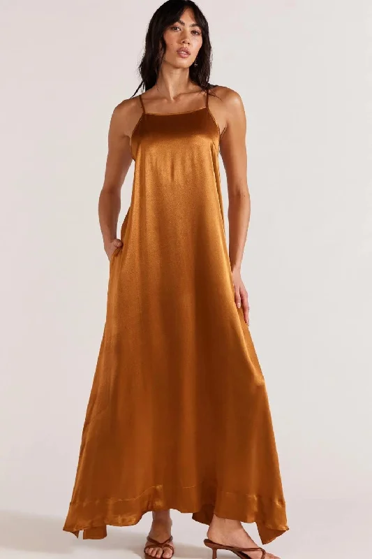 Maxi dresses for spring season -Rayna Copper Satin Strappy Maxi Dress