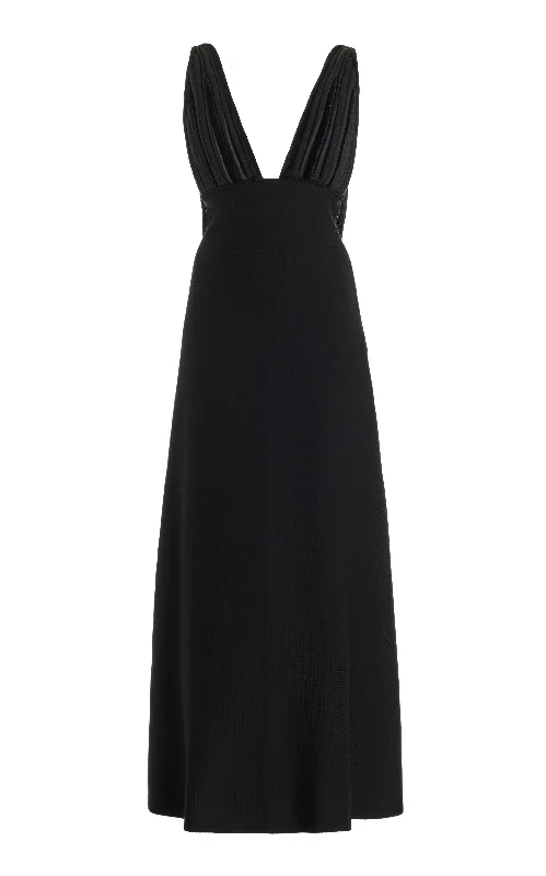 Maxi dresses with ruched details -Renato Fringe Maxi Dress in Black Merino Wool