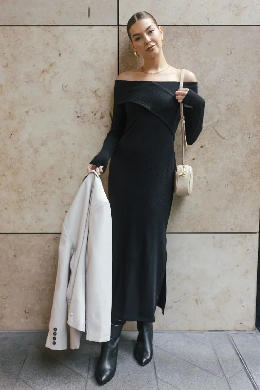 Maxi dresses for evening weddings -Reputation Black Off Shoulder Jersey Maxi Dress