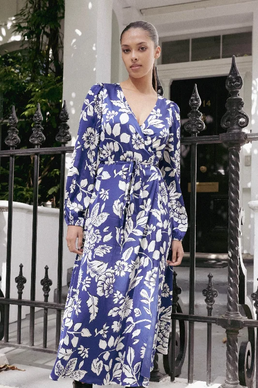 Maxi dresses with side slits -Resonance Blue Floral Satin LS Wrap Maxi Dress