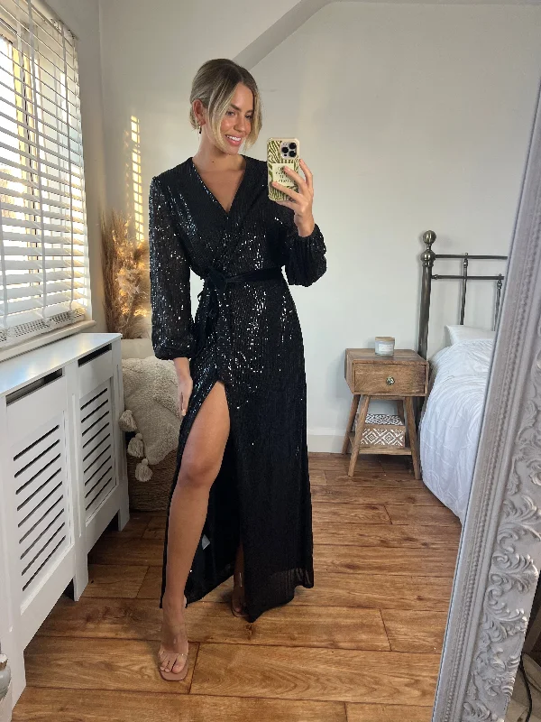 Maxi dresses for luxury evening events -Ria Sequin Wrap Maxi Dress / Black