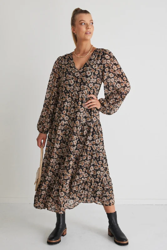 Maxi dresses with bold geometric prints -Rory Black Gold Floral Ls V Neck Tiered Maxi Dress