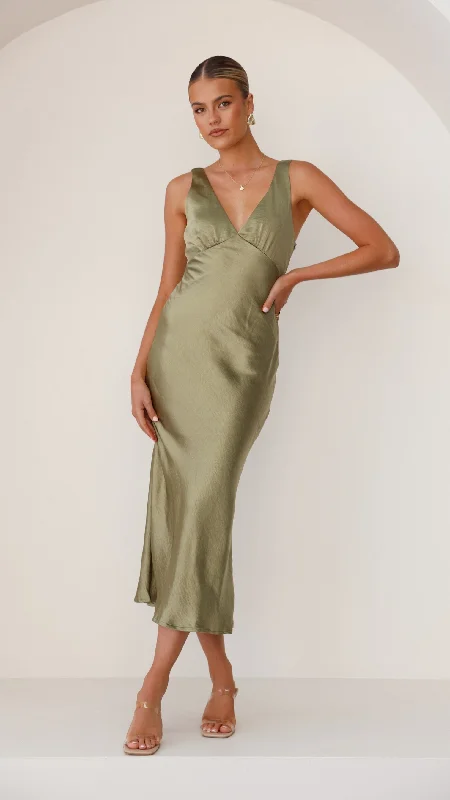 Maxi dresses with luxurious silk and satin fabric -Sammie Maxi Dress - Olive