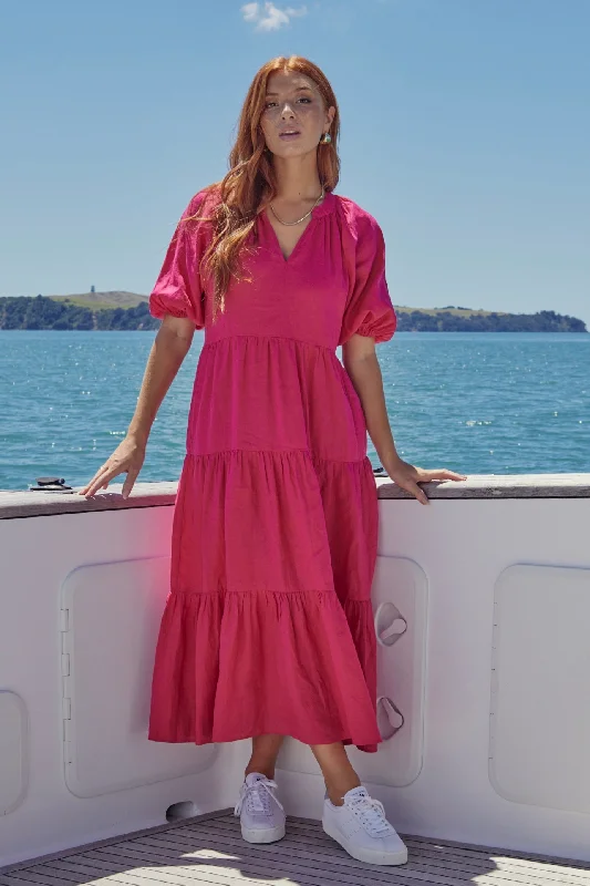 Maxi dresses with classic floral prints -Santorini Raspberry Linen Puff Ss V-Neck Tiered Maxi Dress