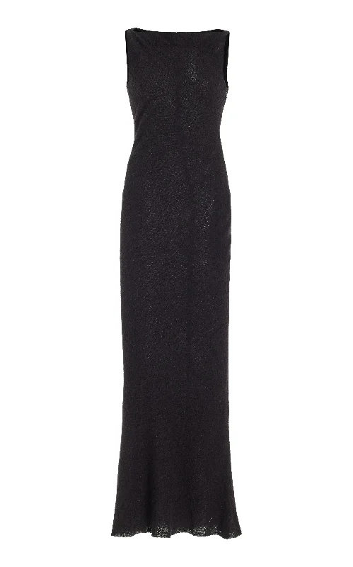 Maxi dresses with deep V neckline design -Seren Maxi Dress in Black Silk Cashgora Boucle Gauze