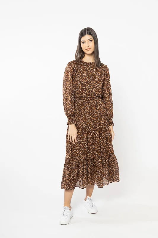 Maxi dresses with floral embroidery and lace -Serene Bronze Floral Shirred Waist LS Maxi Dress