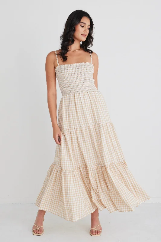 Maxi dresses with luxurious velvet accents -Serenity Sand Gingham Strappy Shirred Bodice Tiered Maxi Dress