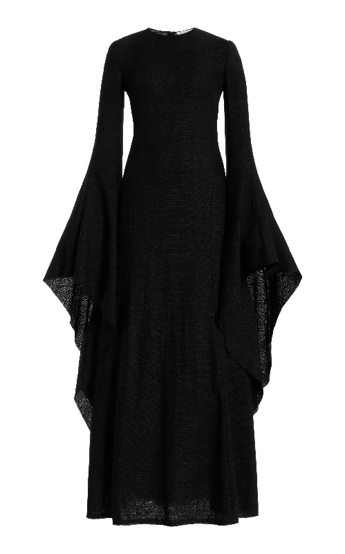 Maxi dresses for luxury beach resorts -Sigrud Draped Maxi Dress in Black Wool Silk Gauze