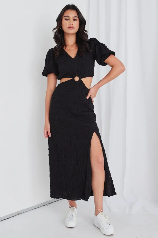 Maxi dresses for stylish destination parties -Skyler Black Shirred Cotton SS Cut Out Maxi Dress