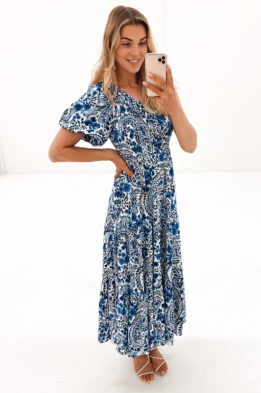 Maxi dresses with pleated chiffon -Sommer Maxi Dress Blue