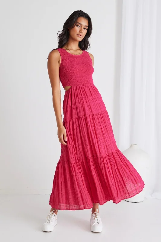 Maxi dresses for chic evening receptions -Sorella Raspberry Shirred Cotton Sleeveless Waist Cut Out Tiered Maxi Dress