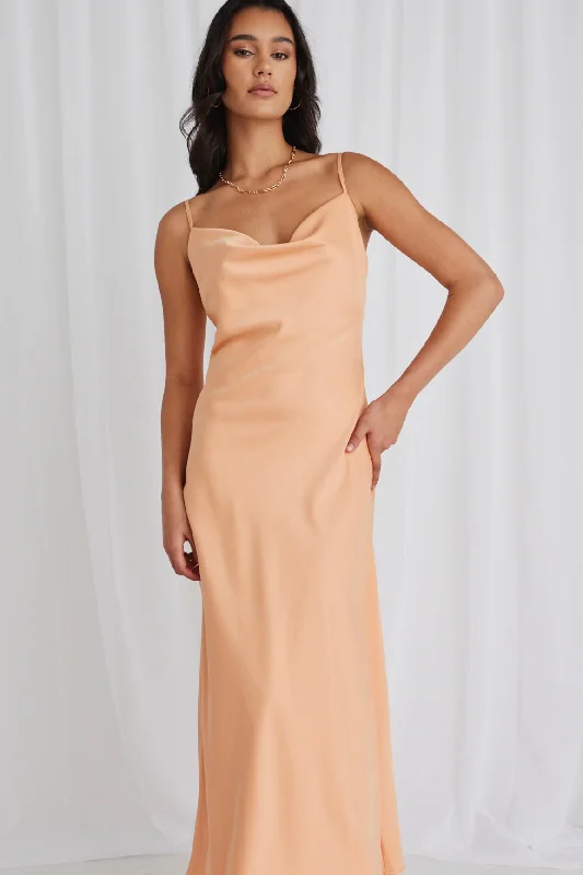 Maxi dresses for stylish evening events -Sovereign Melon Satin Strappy Maxi Dress