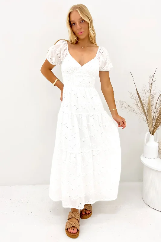 Maxi dresses for classy dinner parties -Sutton Broderie Maxi Dress Vintage White