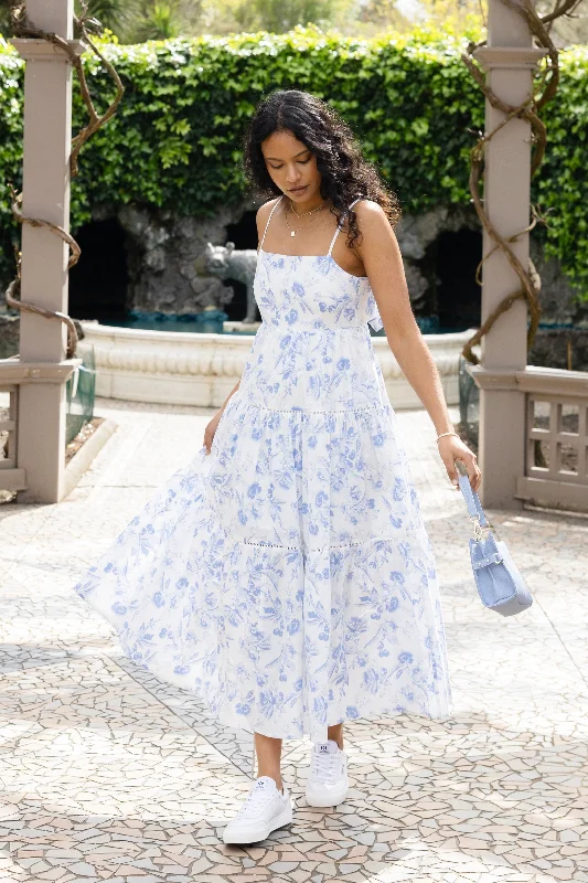 Maxi dresses with a classic a-line silhouette -Universe Blue Floral Tie Back Tiered Strappy Maxi Dress