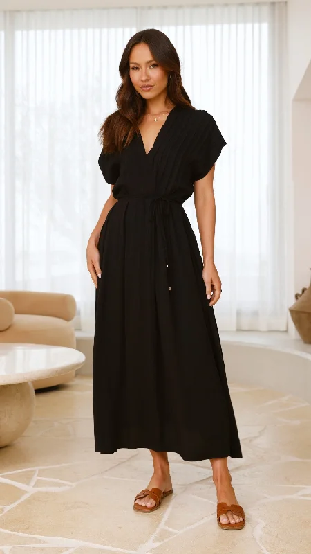 Maxi dresses with romantic lace sleeves -Velia Maxi Dress - Black