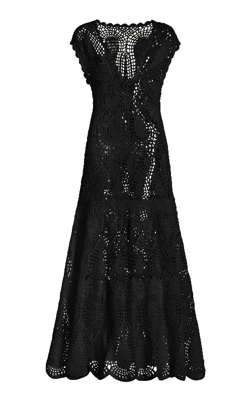 Maxi dresses with fitted bodice -Waldman Crochet Maxi Dress in Black Wool Cashmere