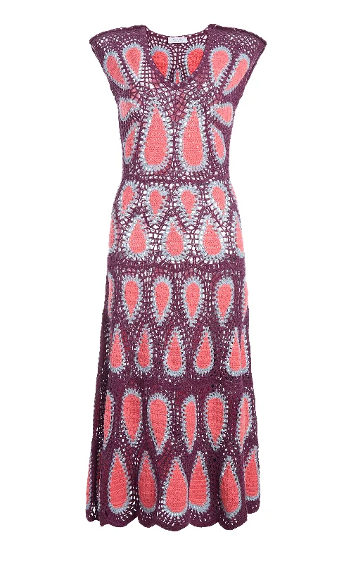 Maxi dresses with lace sleeve detailing -Waldman Crochet Maxi Dress in Italian Plum Wool Cashmere