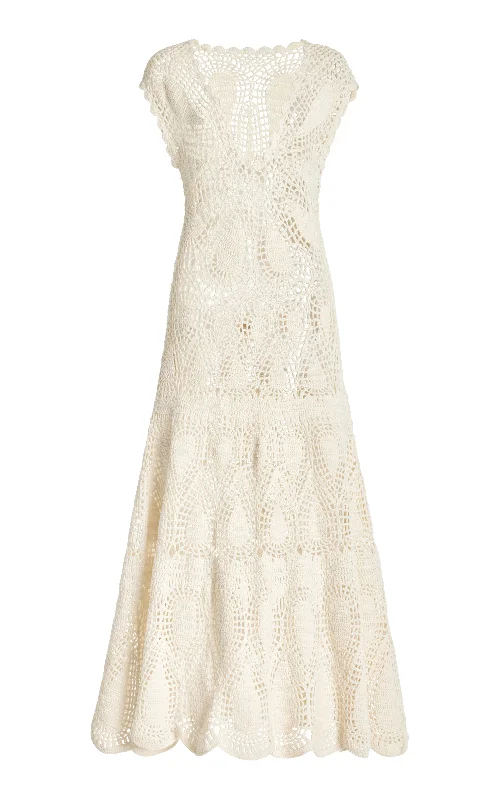 Maxi dresses with pleated detailing -Waldman Crochet Maxi Dress in Ivory Wool Cashmere