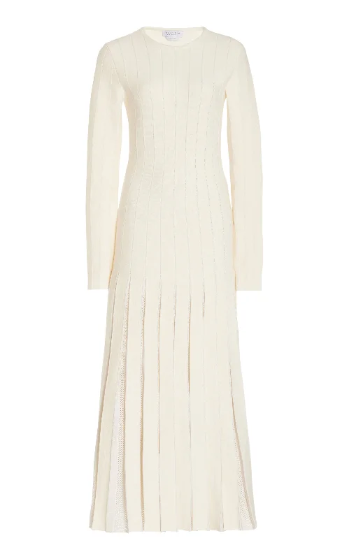 Maxi dresses with glamorous metallic details -Walsh Knit Maxi Pleated Dress in Ivory Wool