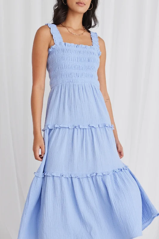 Maxi dresses with vintage-inspired design -Worthy Powder Blue Shirred Tiered Strappy Maxi Dress