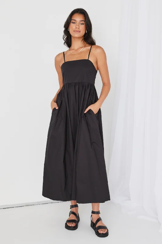 Maxi dresses with sheer sleeves -Zion Black Poplin Strappy Maxi Dress